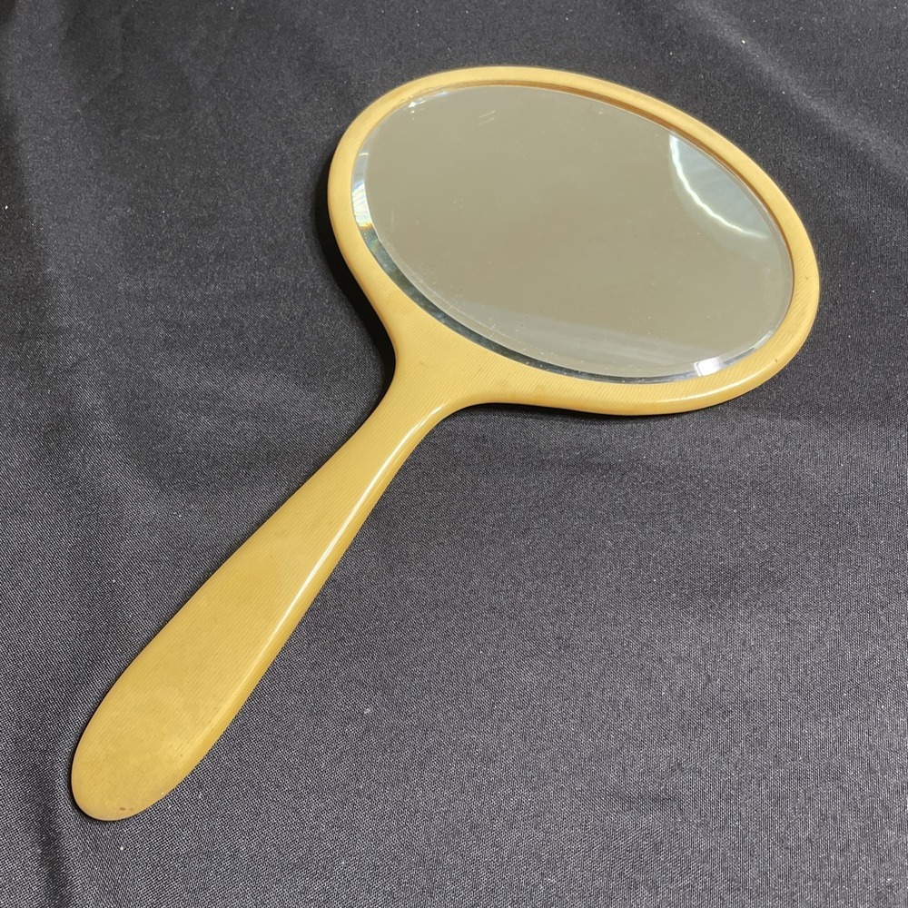 Vintage Art Deco Hand Mirror Butterscotch Celluloid Vanity 14.5"